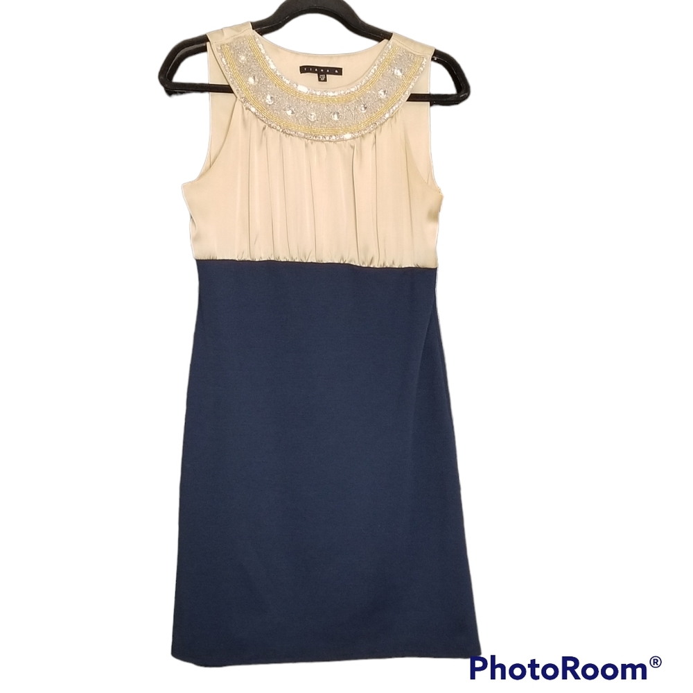 Tiana B. Gold and Navy Blue Beaded Dress, Size 8P
